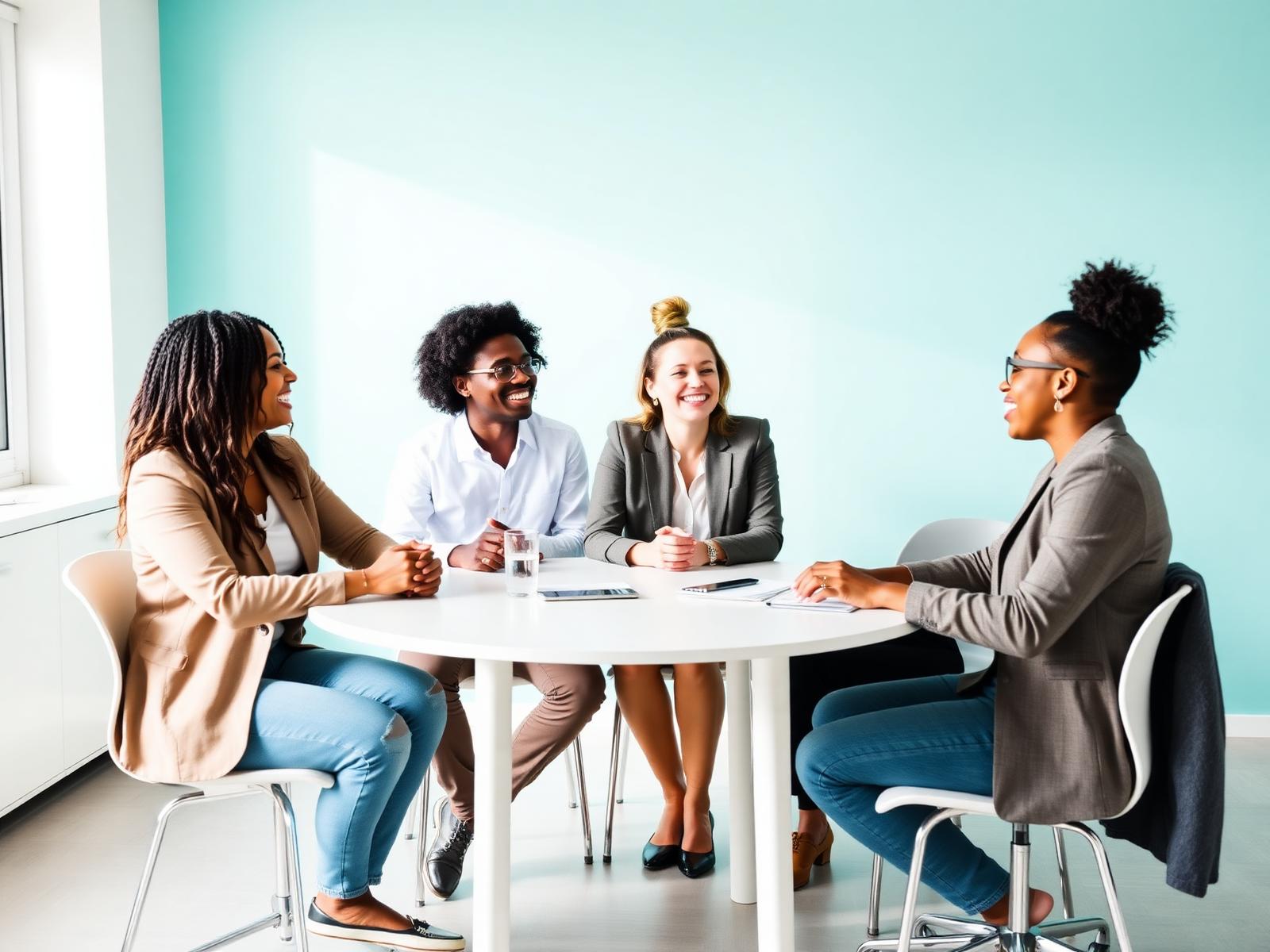 A consulting team laughing together around a white table